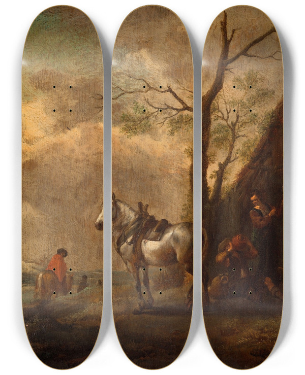 Triptych art skateboard deck of Philips Wouwerman The Resting Place by Philips Wouwerman (1619-1668)