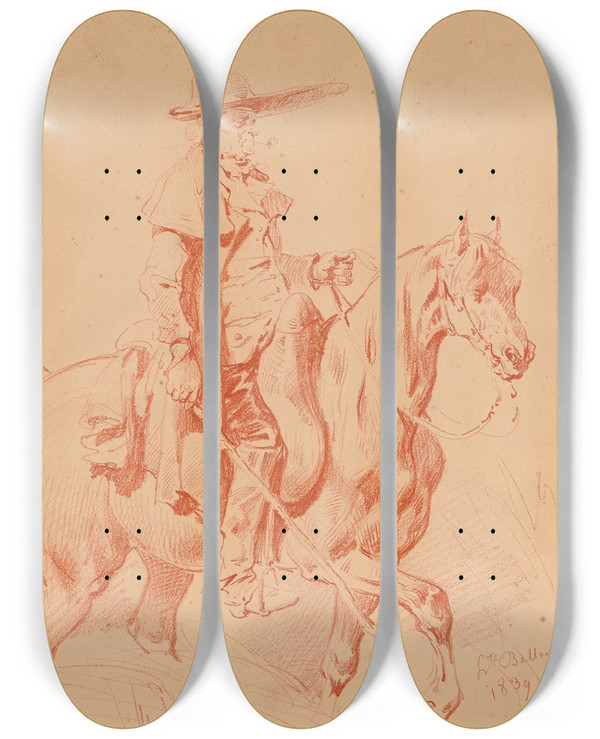 Triptych art skateboard deck of Hippolyte Bellang Un Cavalier by Hippolyte Bellange (1800-1866)