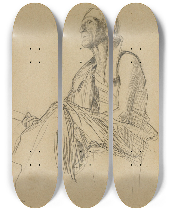 Triptych art skateboard deck of Gustav Klimt Seated Man Turned To The Left by Gustav Klimt (1862-1918)