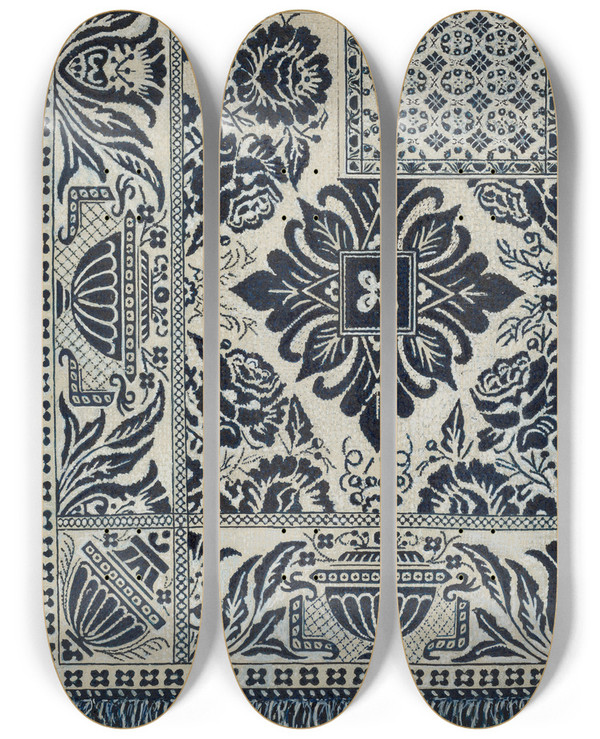 Triptych art skateboard deck of William Mcauley Handwoven Coverlet by William Mcauley