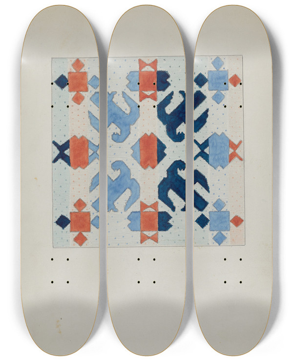 Triptych art skateboard deck of Christopher Hobbs Woven Wool Bedspread by Christopher Hobbs