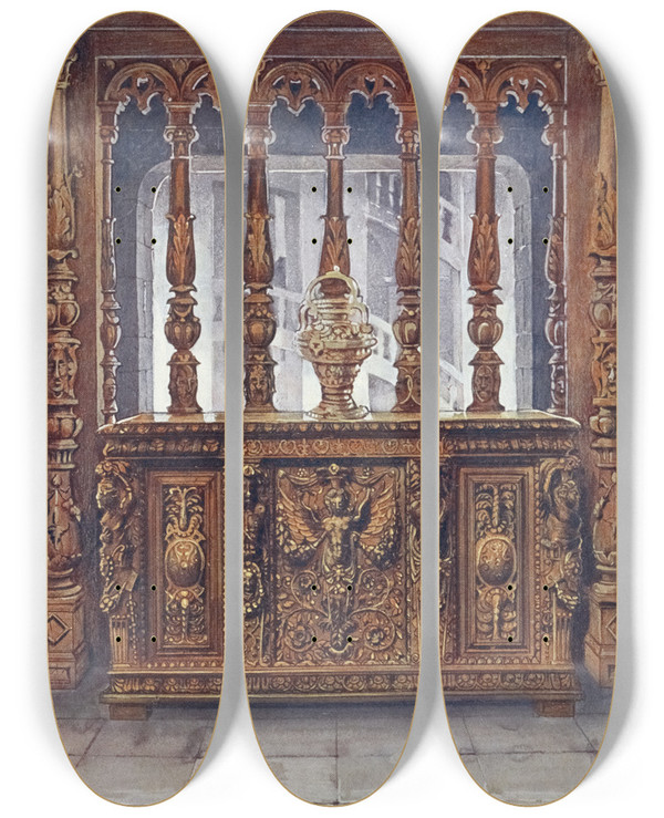 Triptych art skateboard deck of Edwin Foley Henri Deux Carved Coffer Or Bahut Ca 1555 by Edwin Foley (1859-1912)