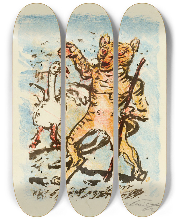 Triptych art skateboard deck of Lovis Corinth Der Kater Hinze Und Eine Singende Gans by Lovis Corinth (1858-1925)