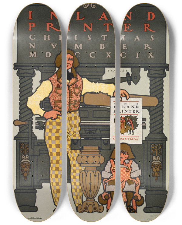 Triptych art skateboard deck of Will Bradley The Inland Printer Christmas Number Mdccxcix by Will Bradley (1868-1962)