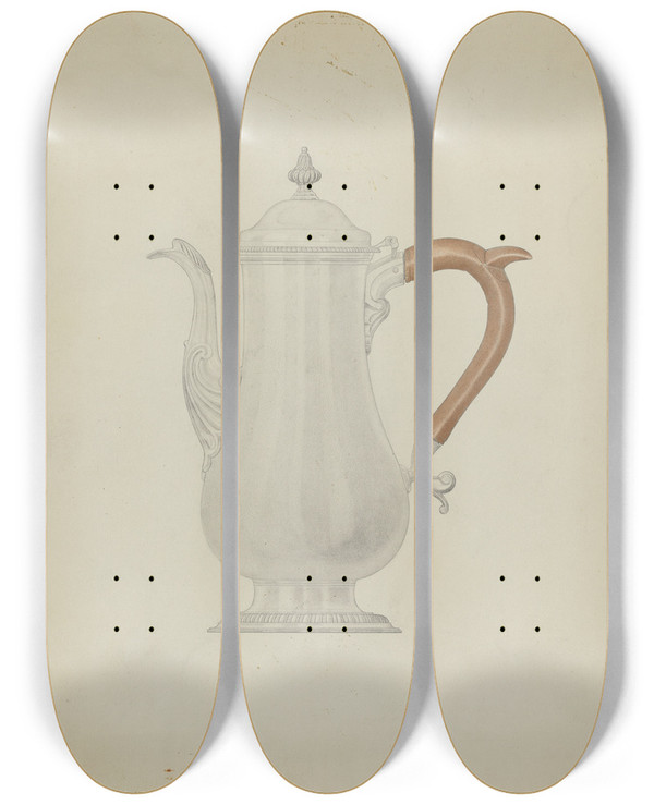Triptych art skateboard deck of David P Willoughby Silver Teapot by David P Willoughby