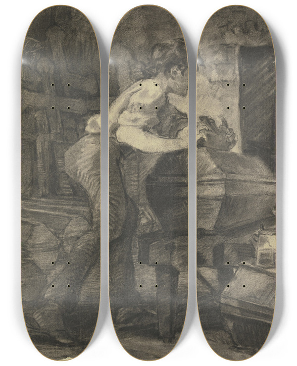 Triptych art skateboard deck of Wilhelm Trbner Ein Junger Schreiner Hobelt In Der Werkstatt An Einem Sarg by Wilhelm Trubner (1851-1917)