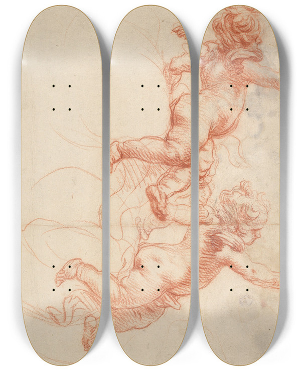 Triptych art skateboard deck of Cornelis Schut Two Studies Of A Flying Putto by Cornelis Schut (1597-1655)