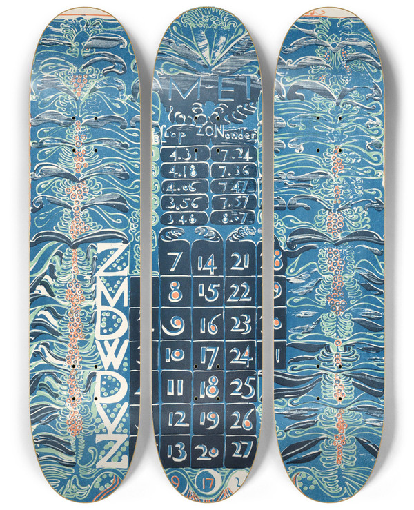 Triptych art skateboard deck of Carel Adolph Lion Cachet Kalenderblad Mei 1899_1 by Carel Adolph Lion Cachet (1864-1945)