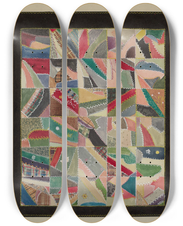 Triptych art skateboard deck of Lena Nastasi Crazy Quilt by Lena Nastasi