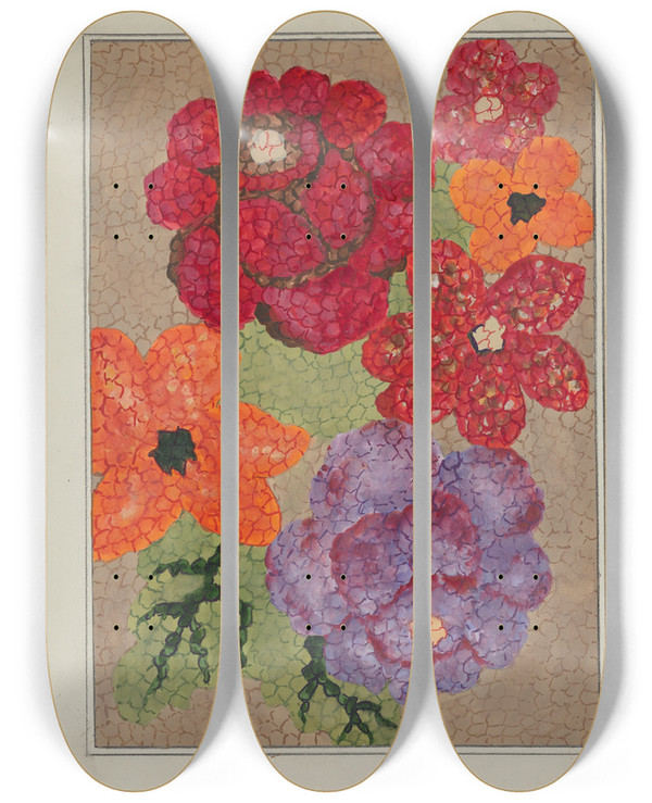 Triptych art skateboard deck of Ruth M Barnes Hooked Rug_5 by Ruth M Barnes