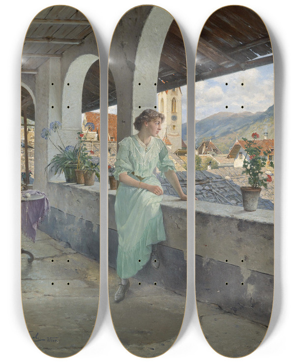 Triptych art skateboard deck of Josef Kinzel Blick Ber Die Dcher by Josef Kinzel (1852-1925)