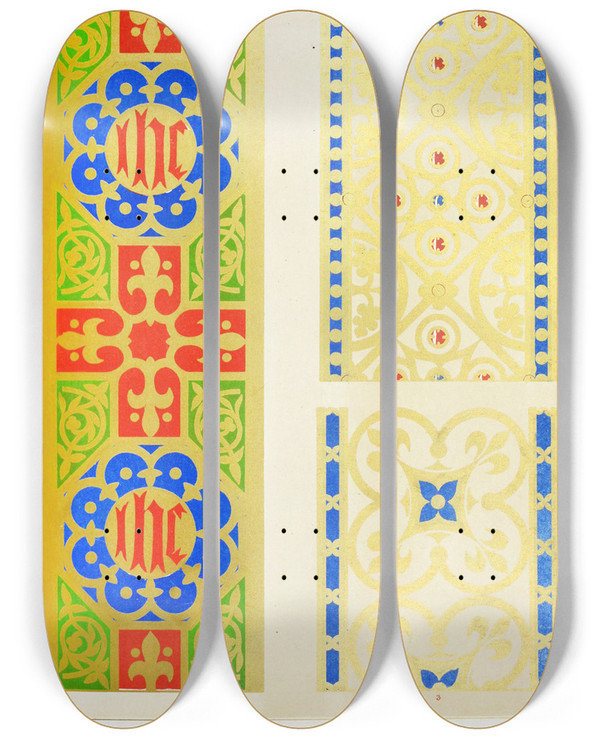 Triptych art skateboard deck of Augustus Pugin Stoles And Maniples 2 by Augustus Pugin (1812-1852)