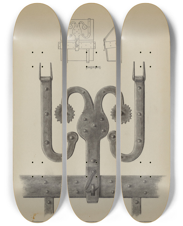 Triptych art skateboard deck of American 20Th Century Hinges And Hasp On A Conestoga Wagon Tool Box by American 20Th Century