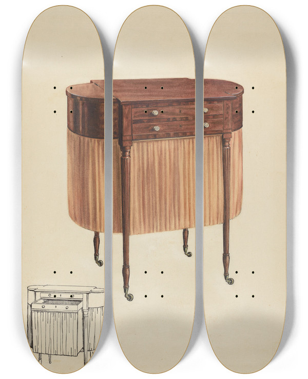 Triptych art skateboard deck of Ferdinand Cartier Sewing Table by Ferdinand Cartier