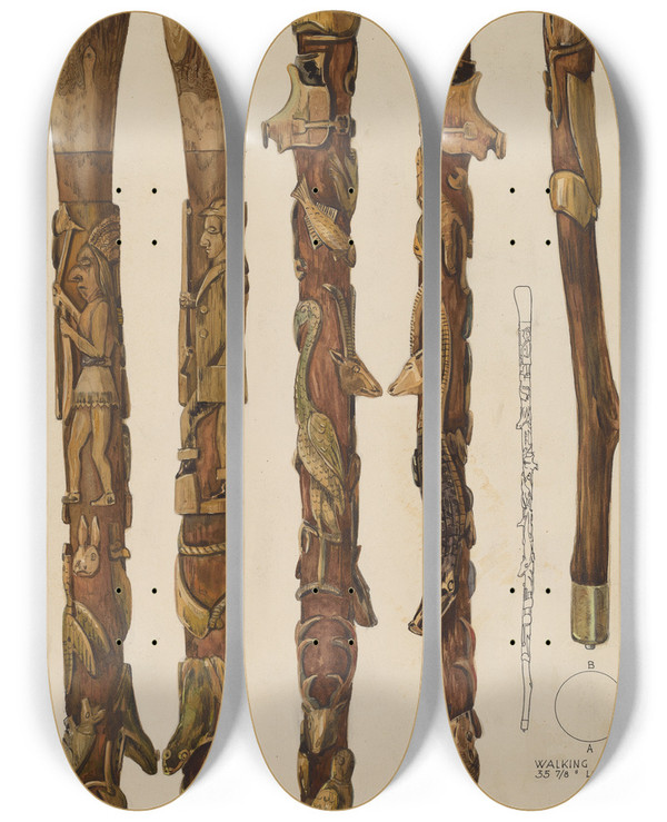 Triptych art skateboard deck of Kurt Melzer Walking Sticks by Kurt Melzer