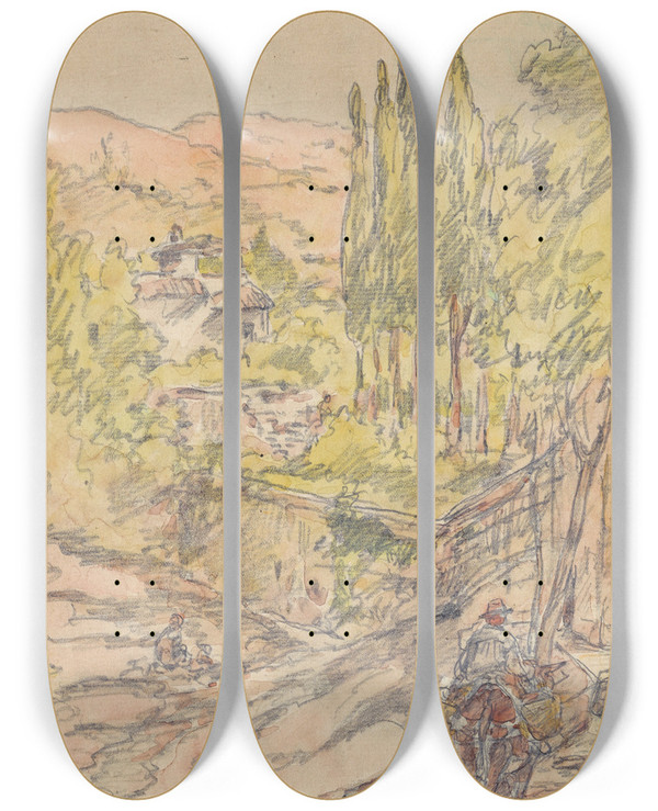 Triptych art skateboard deck of Walter Shirlaw Granada by Walter Shirlaw (1838-1909)