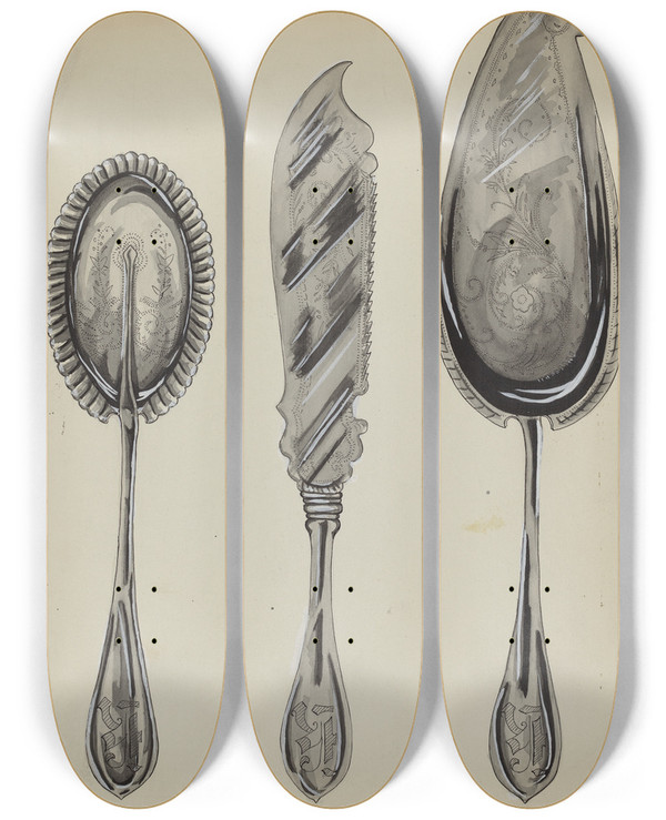 Triptych art skateboard deck of Ellen Duncan Silver Serving Set by Ellen Duncan