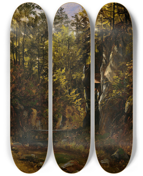 Triptych art skateboard deck of Thomas Fearnley A Forest Road With An Altar by Thomas Fearnley (1802-1842)