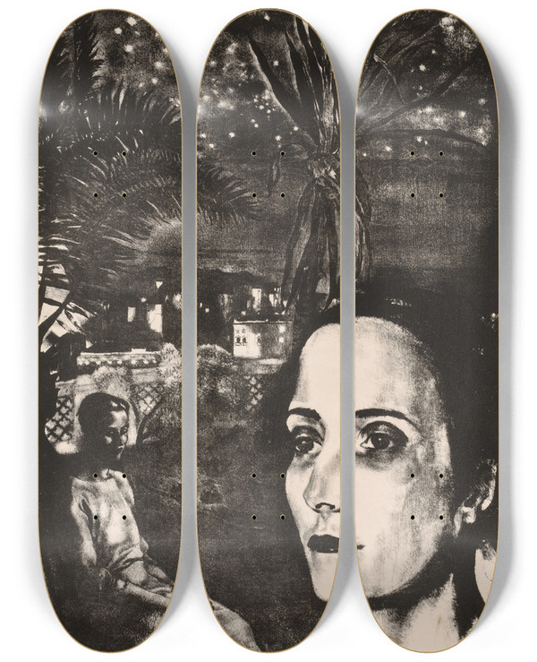 Triptych art skateboard deck of John Copley Starry Night Alassio by John Copley (1875-1950)