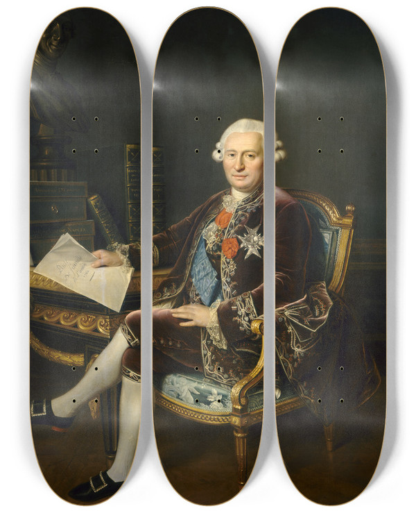 Triptych art skateboard deck of Csar Van Loo The Marquis Dossun by Cesar Van Loo (1743-1821)