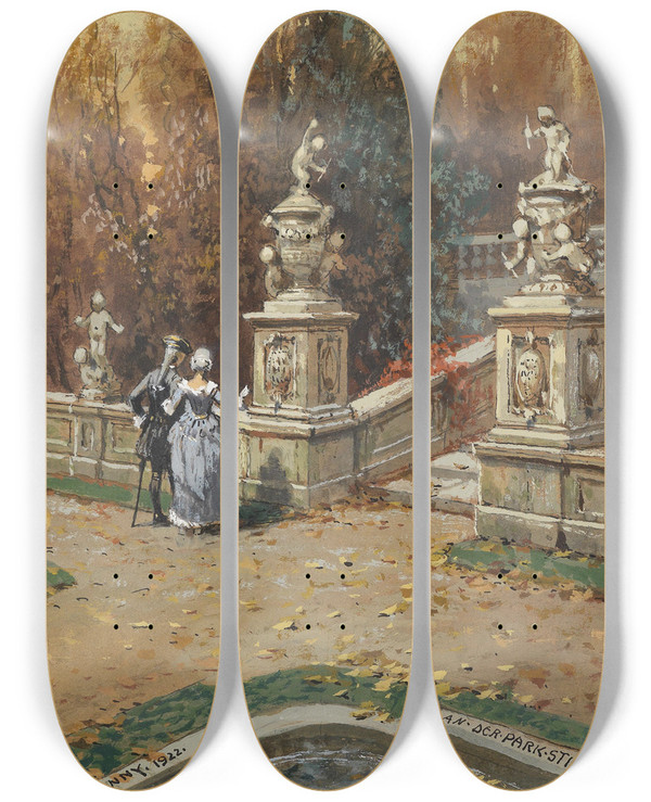 Triptych art skateboard deck of Georg Janny An Der Parkstiege by Georg Janny (1864-1935)