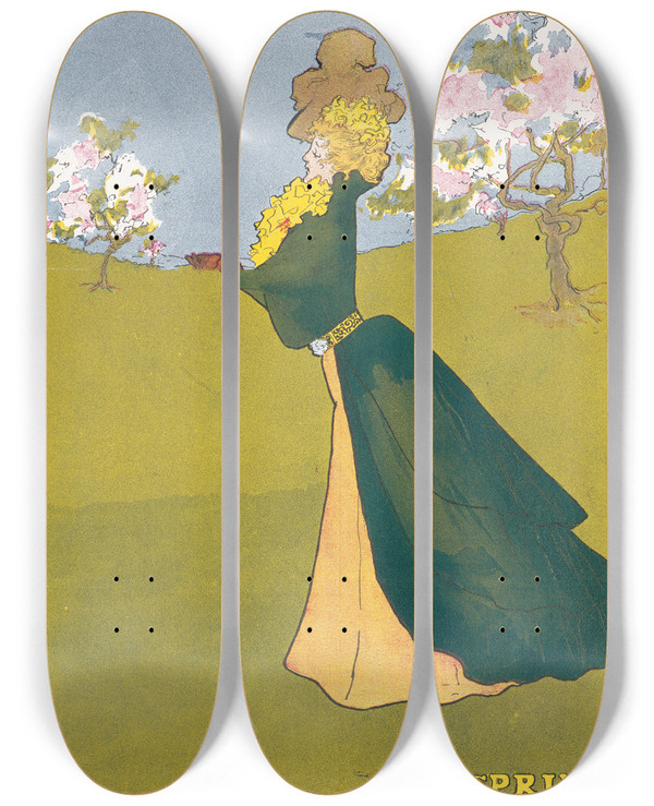 Triptych art skateboard deck of Penrhyn Stanlaws Spring by Penrhyn Stanlaws (1877-1957)