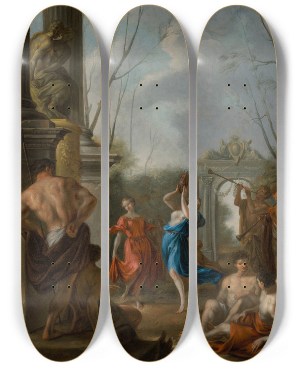 Triptych art skateboard deck of Johann Heinrich Schnfeld A Bacchanale In A Classical Courtyard by Johann Heinrich Schonfeld (1609-1684)
