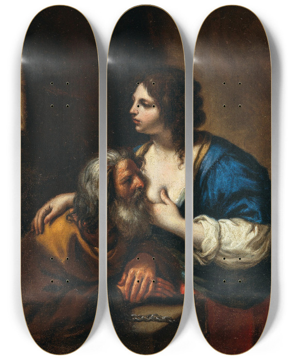 Triptych art skateboard deck of Guercino Caritas Romana_1 by Guercino (1591-1666)