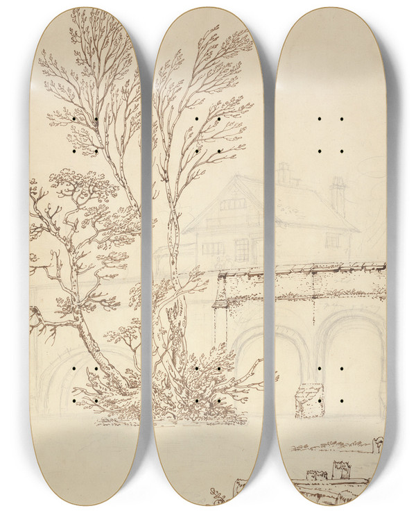 Triptych art skateboard deck of Joseph Farington Caversham Bridge Reading by Joseph Farington (1747-1821)