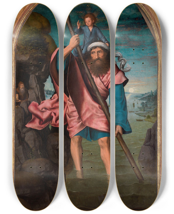 Triptych art skateboard deck of Quentin Massys Saint Christopher by Quentin Massys (1466-1530)