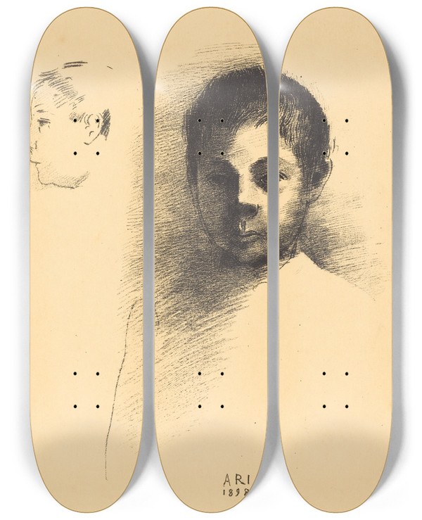 Triptych art skateboard deck of Odilon Redon Ari by Odilon Redon (1840-1916)