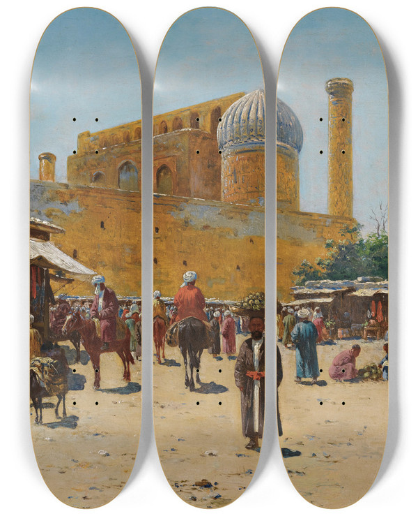 Triptych art skateboard deck of Richard Karlovich Zommer Bazaar In Samarkand by Richard Karlovich Zommer (1866-1939)
