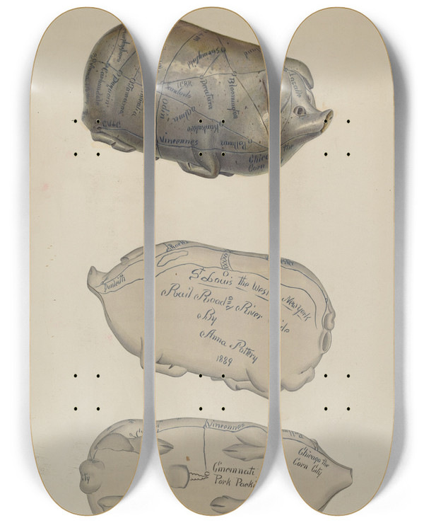 Triptych art skateboard deck of John Winters Pottery Pig by John Winters