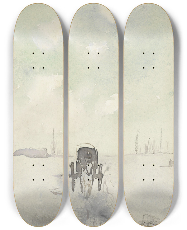 Triptych art skateboard deck of Adolf Le Comte Winterlandschap Met Paard En Wagen by Adolf Le Comte (1850-1921)