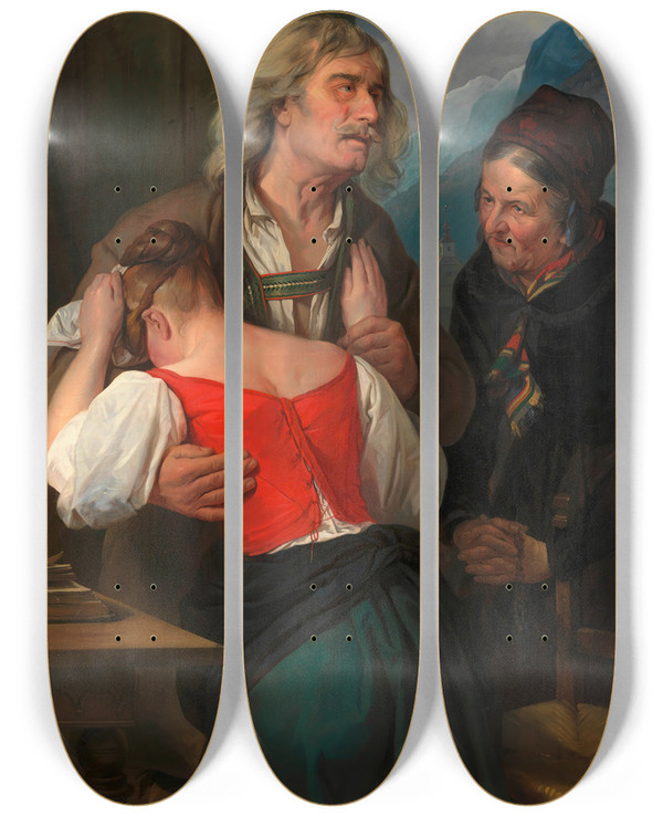 Triptych art skateboard deck of Josef Danhauser Das Bekenntnis by Josef Danhauser (1805-1845)