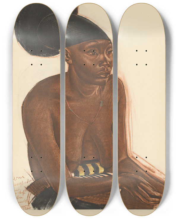 Triptych art skateboard deck of Alexandre Jacovleff Dessins Et Peintures Dafrique Pl 32 by Alexandre Jacovleff (1887-1938)