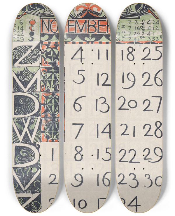 Triptych art skateboard deck of Carel Adolph Lion Cachet Kalenderblad November 1900 by Carel Adolph Lion Cachet (1864-1945)