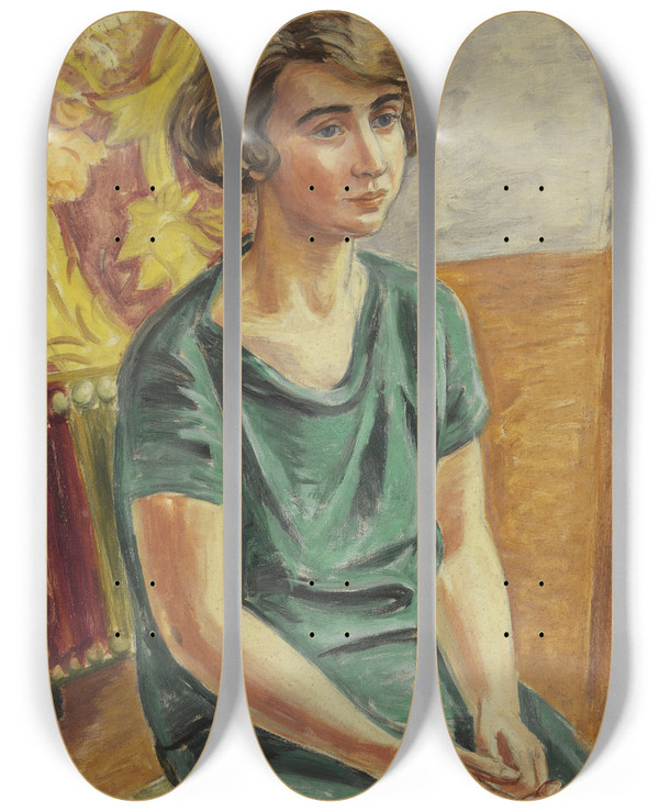 Triptych art skateboard deck of Birger Simonsson The Artist Greta Knutson by Birger Simonsson (1883-1938)