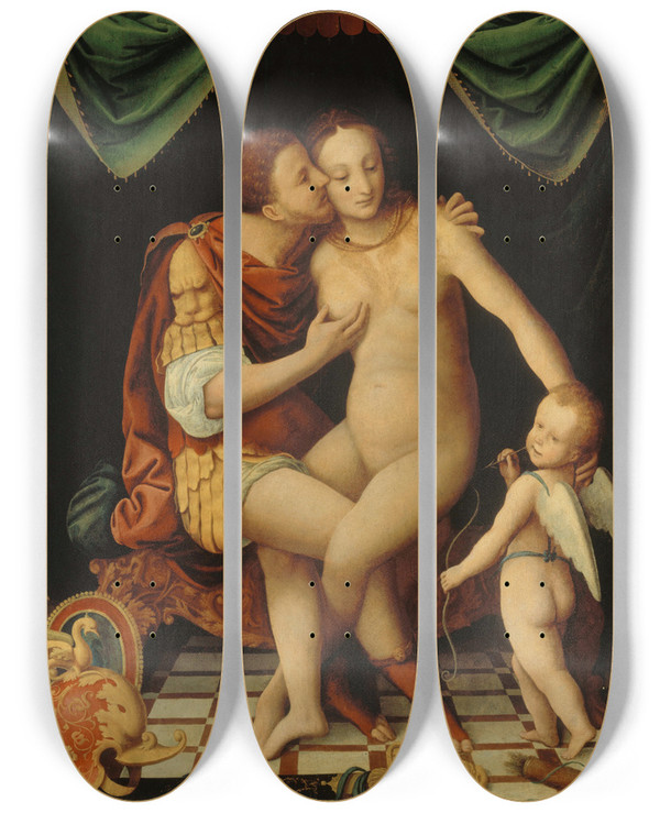 Triptych art skateboard deck of Bernardino Lanino Mars Et Vnus by Bernardino Lanino (1512-1582)