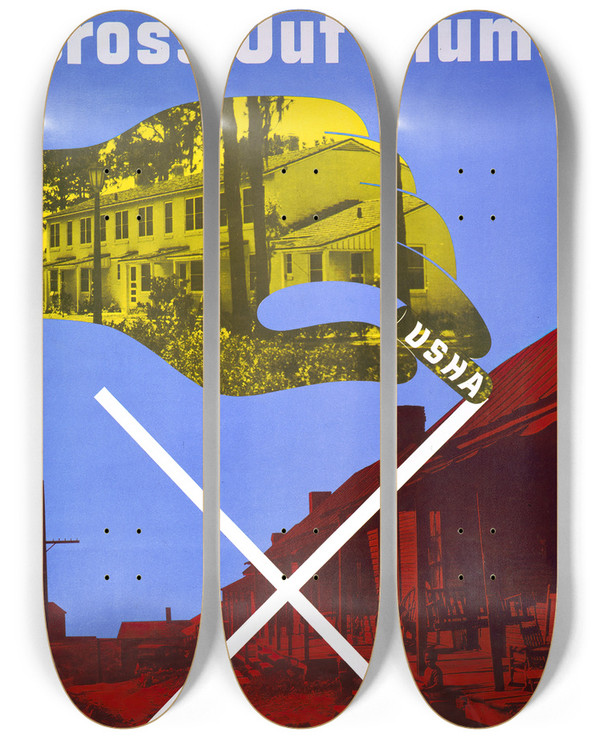 Triptych art skateboard deck of Lester Beall Cross Out Slums Usha by Lester Beall (1903-1969)