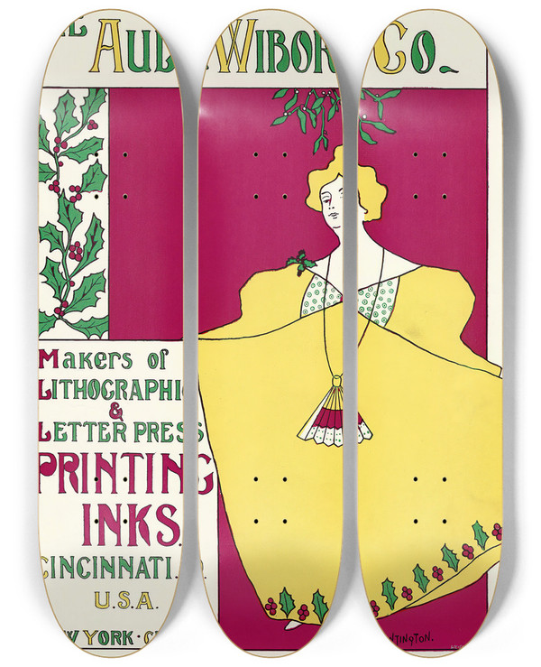 Triptych art skateboard deck of Carolyn Huntington Ault And Wiborg Ad 093 by Carolyn Huntington (19-)