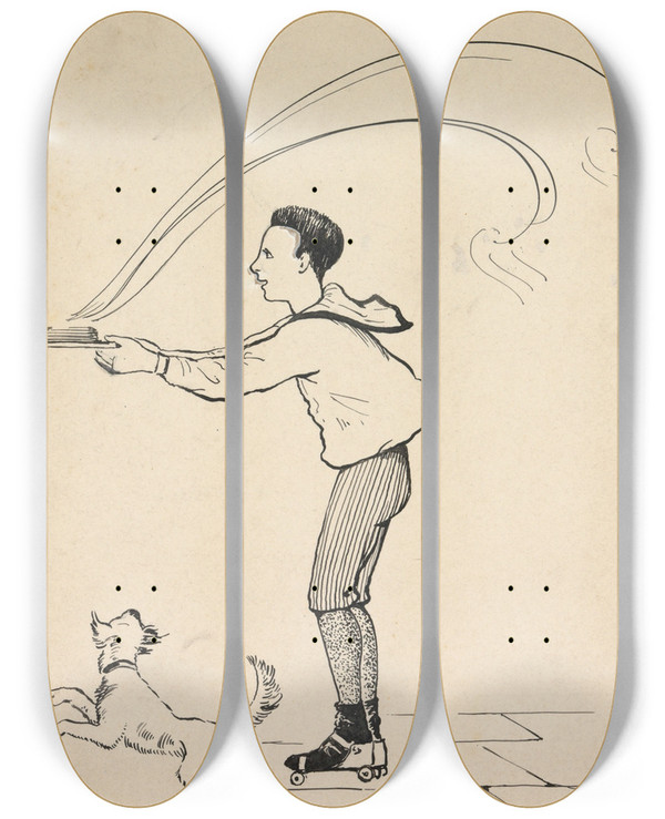 Triptych art skateboard deck of Gust Van De Wall Pern Jongen Met Etenswaren En Hond by Gust van de Wall Pern (1877-1911)