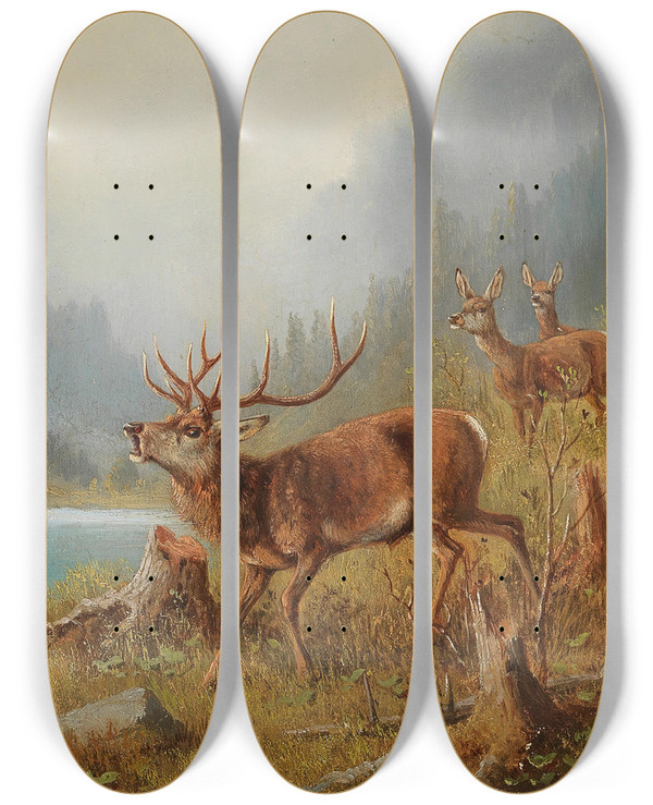 Triptych art skateboard deck of Moritz Mller A Bellowing Stag by Moritz Melzer (1841-1899)