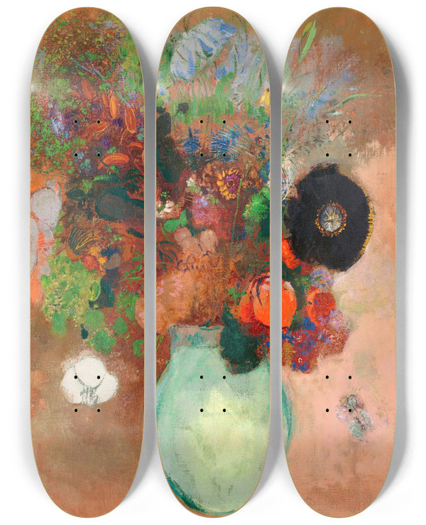 Triptych art skateboard deck of Odilon Redon Le Pavot Noir by Odilon Redon (1840-1916)