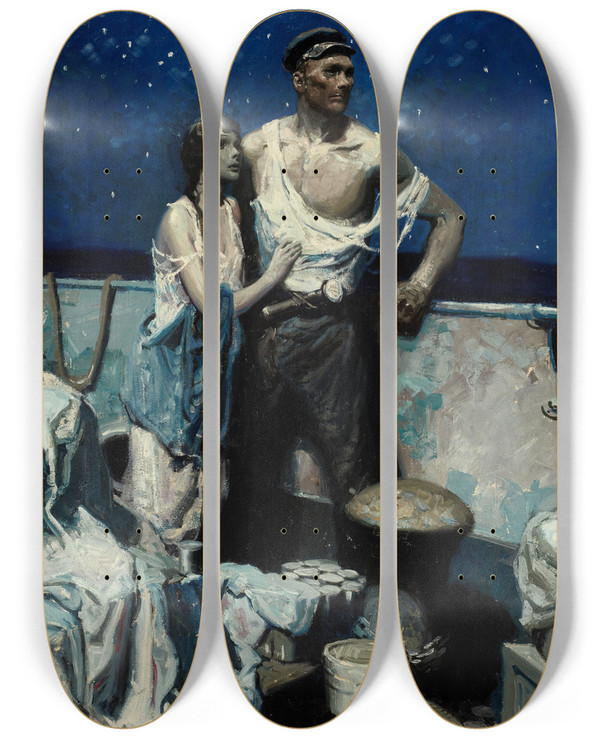 Triptych art skateboard deck of Herbert Morton Stoops Hurricane Harvest Starry Night by Herbert Morton Stoops (1888-1948)