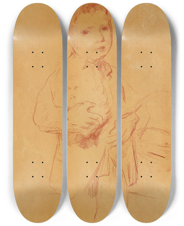 Triptych art skateboard deck of Albert Anker Boy With A Basket by Albert Anker (1831-1910)