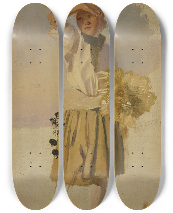 Triptych art skateboard deck of Jakob Becker Bauernmdchen Mit Garbe Die Augen Vor Der Sonne Schirmend_1 by Jakob Becker (1810-1872)