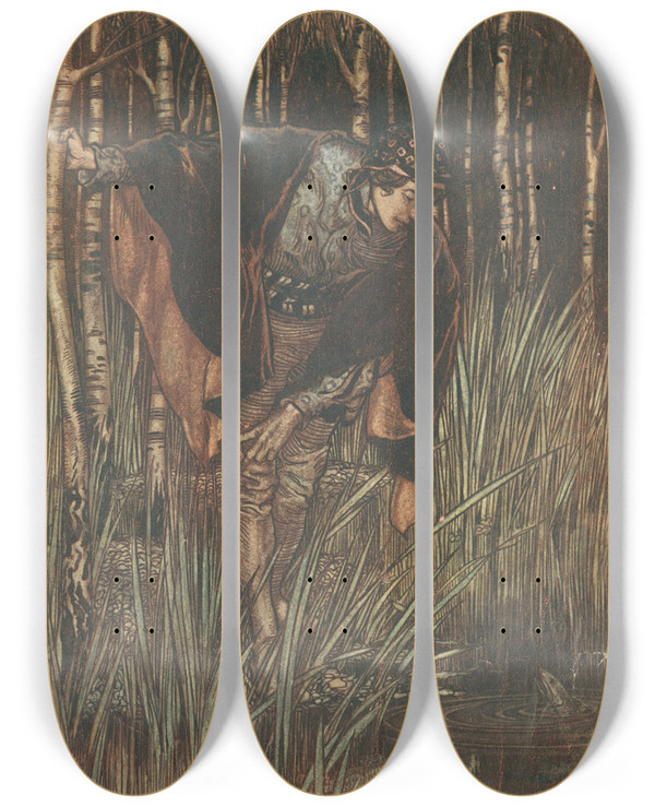 Triptych art skateboard deck of Arthur Rackham The White Snake by Arthur Rackham (1867-1939)