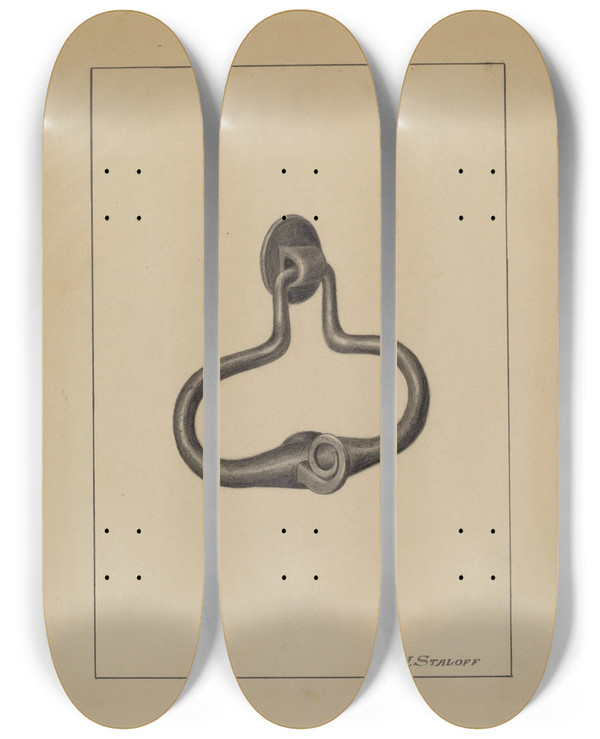 Triptych art skateboard deck of Jack Staloff Door Pull And Knocker by Jack Staloff