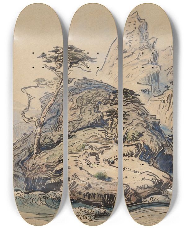Triptych art skateboard deck of Samuel Colman Point Lobos California by Samuel Colman (1832-1920)